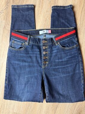Cabi Simone Skinny Button Fly Stripe Waist Dark Wash Jeans Size 10